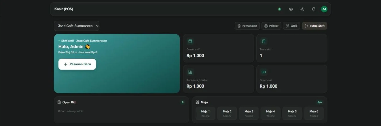 Layar kasir asli: shift aktif, omzet shift, open bill, dan denah meja
