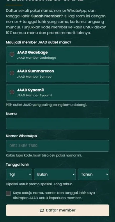 Form daftar member: pilih outlet, nama, WhatsApp, tanggal lahir